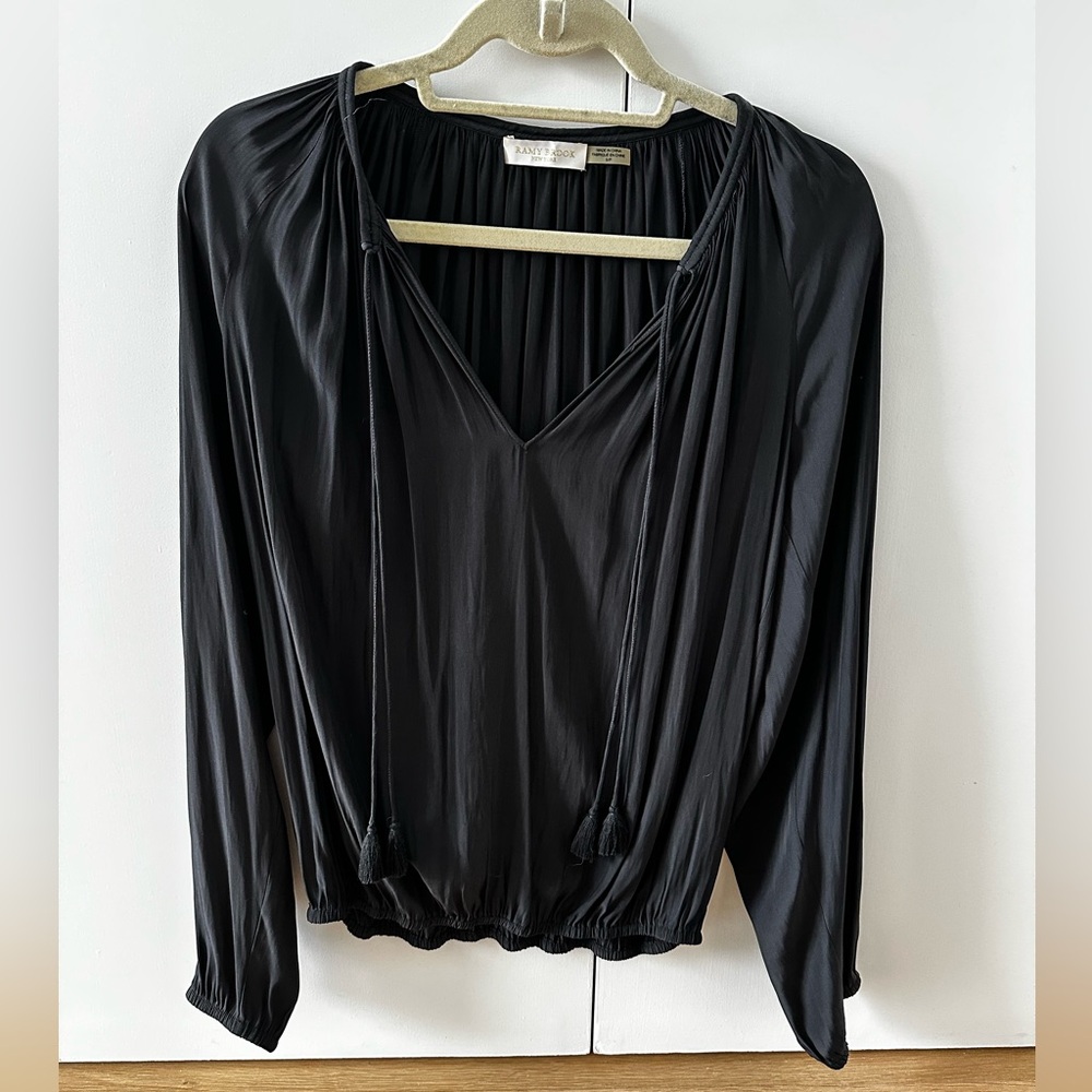 Ramy Brook Black Ruched Long Sleeve Blouse, Size Small